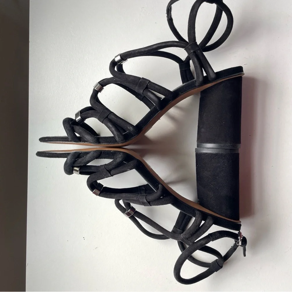 REBECCA MINKOFF sz 8.5 Apolline Suede Strappy Sandals black leather silver